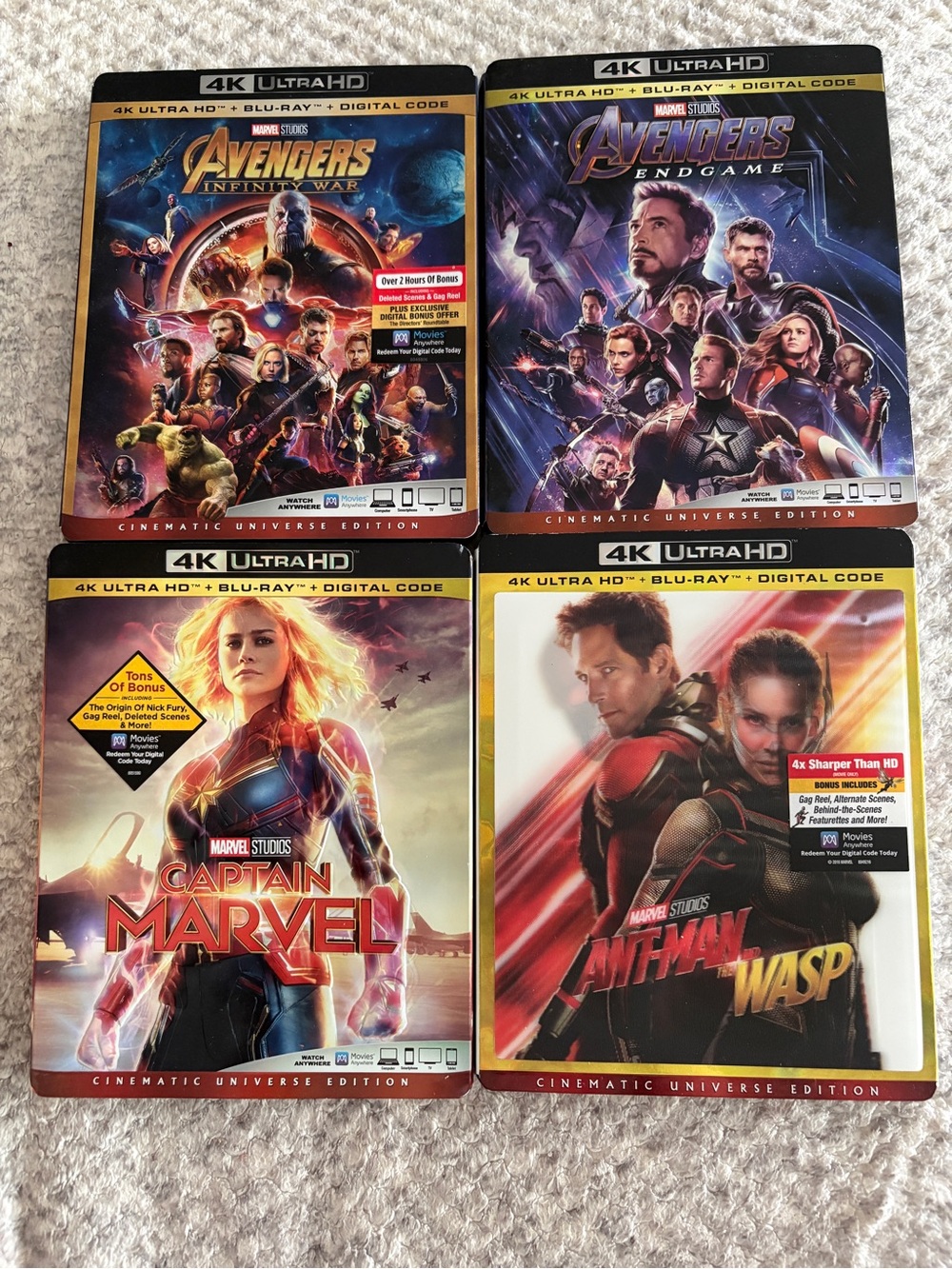 Marvel Studios 4K Ultra HD Blu-Ray 4-Movie Lot Avengers Captain Marvel Ant-Man